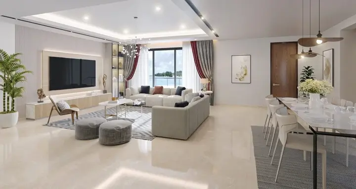 Elegant living room with blue ottoman